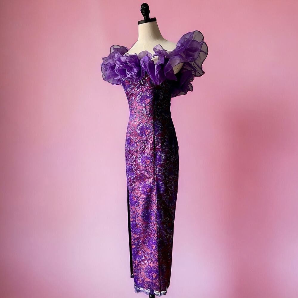 Vintage 80s Metallic Lace Gown | Purple Off Shoulder Ruffle Corset Dress| XS - Picture 2 of 9